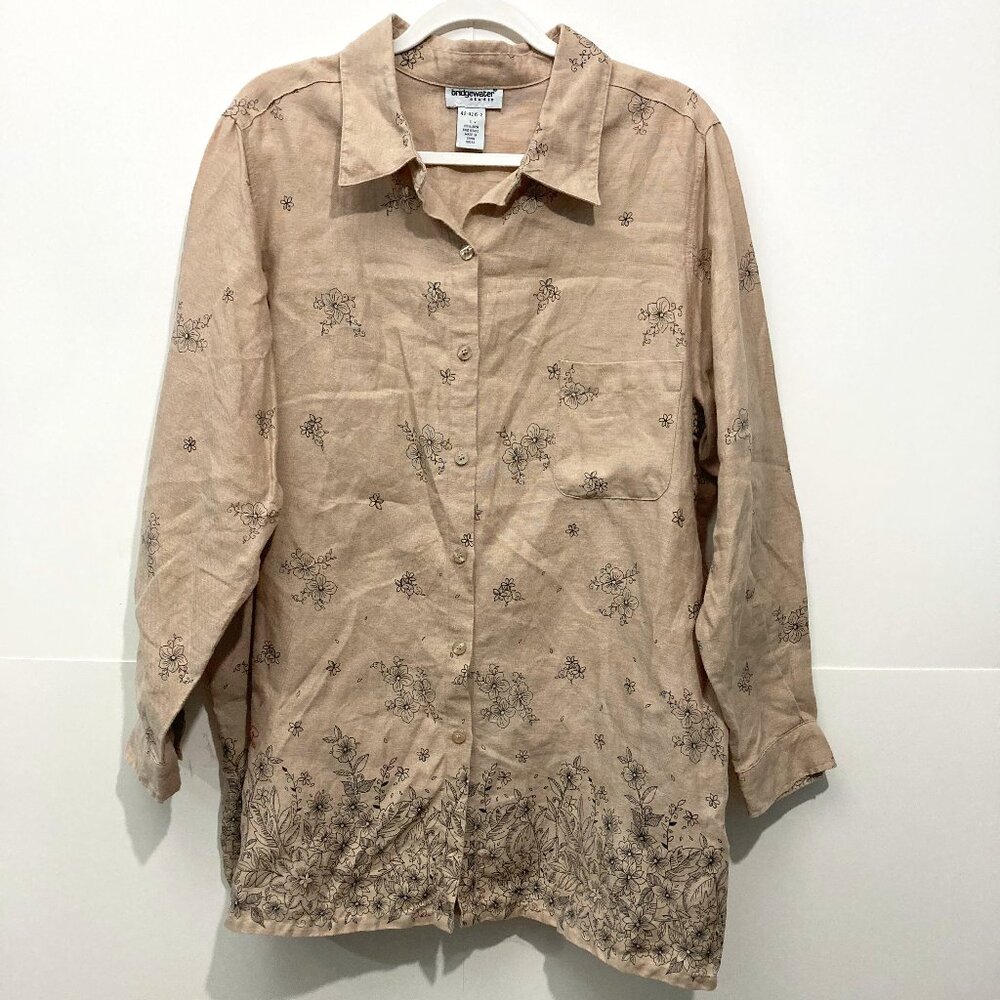 BRIDGEWATER Studio 100% Linen Button Down Tunic Shirt Top Beige Floral Pocket L